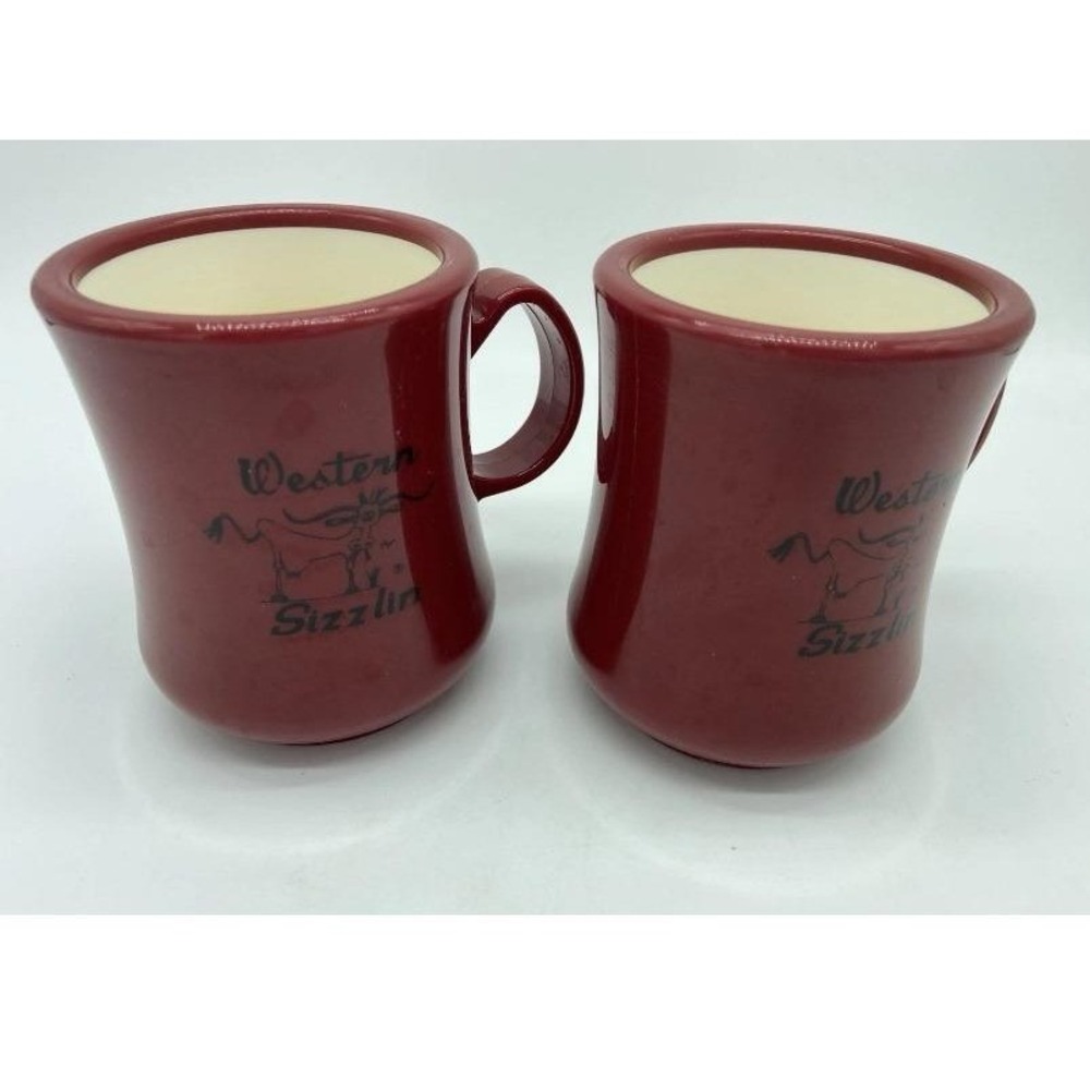 Western Sizzlin Red Continental Plastics Coffee Mugs Cups Set Of‎ 2 Vintage EUC
